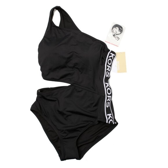 Michael Kors Cut-Out One-Shoulder One-Piece Swimsuit Side-Logo Black White 10 - Picture 3 of 9